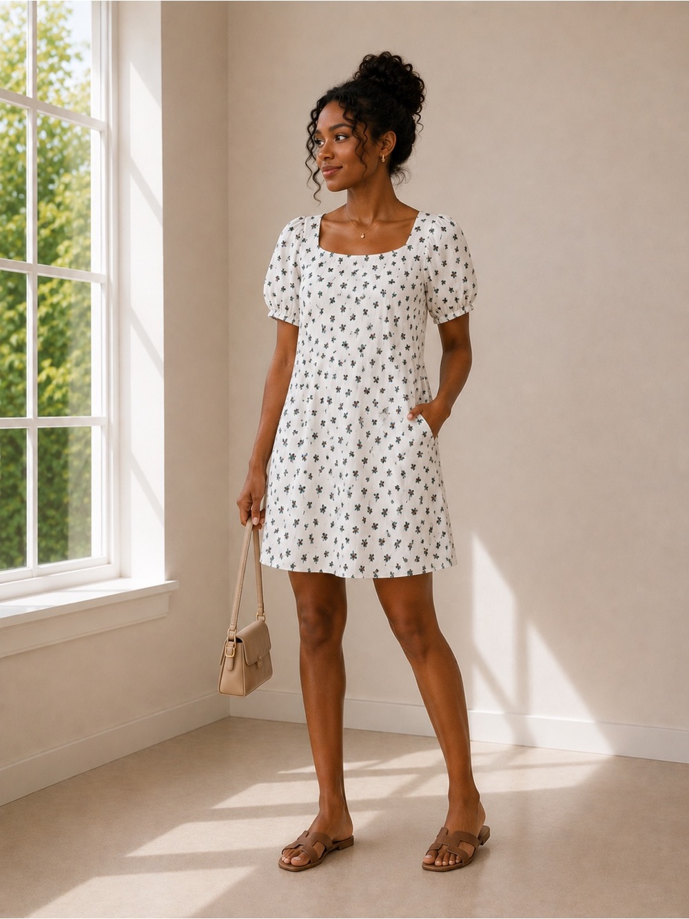 LOFT White Puff-Sleeve Dress with Green Floral Print